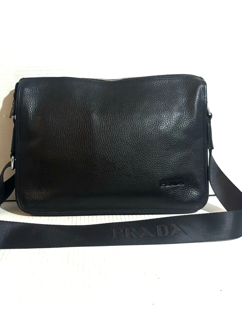 Prada unisex Black pebbled Leather Crossbody Bag with Adjustable Strap
